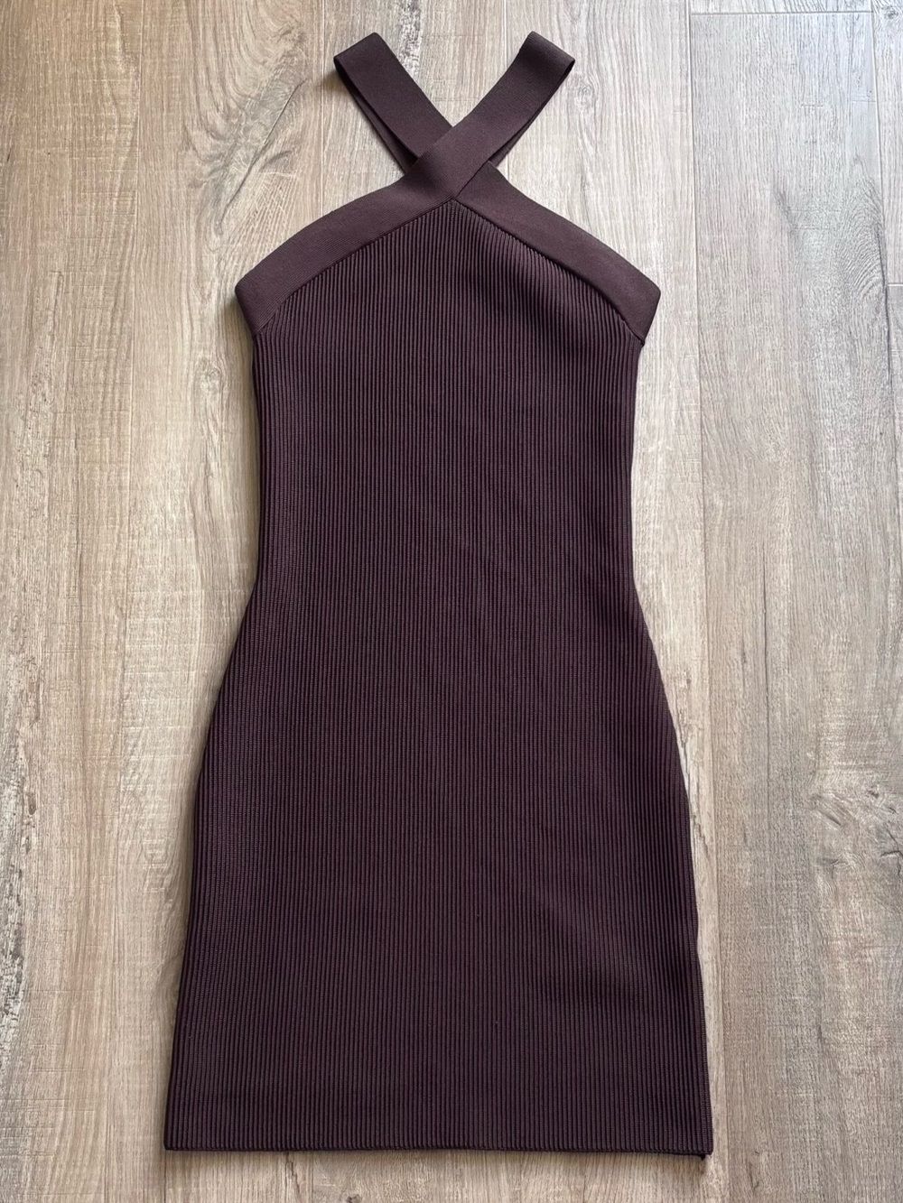 Babaton Sculpt Ribbed Knit Cross-Strap Dress in Brown